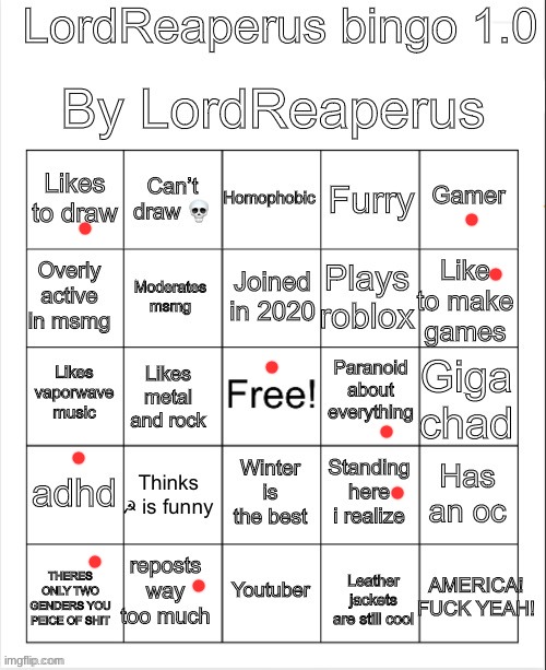 LordReaperus bingo 1.0 | image tagged in lordreaperus bingo 1 0 | made w/ Imgflip meme maker