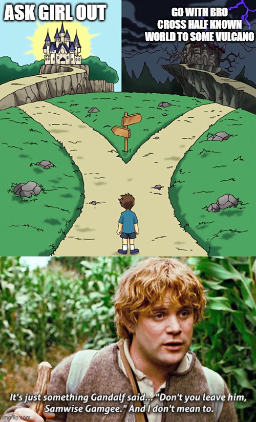 Samwise | ASK GIRL OUT; GO WITH BRO CROSS HALF KNOWN WORLD TO SOME VULCANO | image tagged in lotr,memes,choices,trip | made w/ Imgflip meme maker
