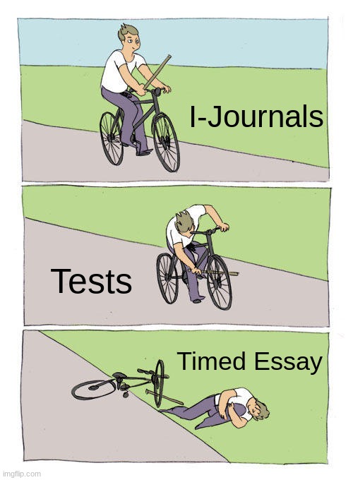 AP Language | I-Journals; Tests; Timed Essay | image tagged in memes,bike fall | made w/ Imgflip meme maker