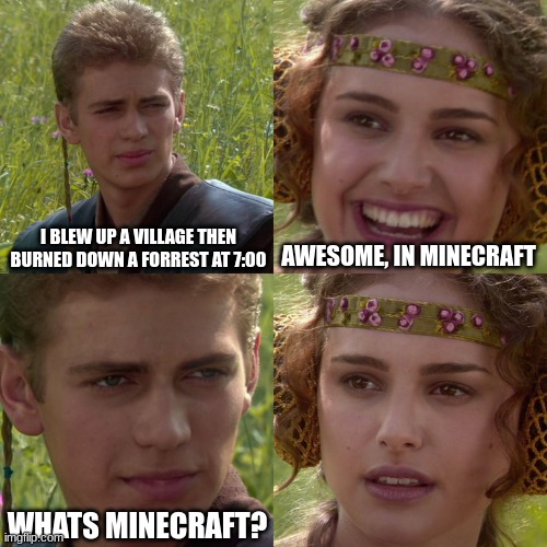 Terrorist attack in area 96414766889474996 | I BLEW UP A VILLAGE THEN BURNED DOWN A FORREST AT 7:00; AWESOME, IN MINECRAFT; WHATS MINECRAFT? | image tagged in anakin padme 4 panel,minecraft | made w/ Imgflip meme maker