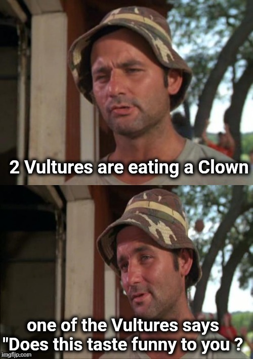 The Gourmet Stuff | 2 Vultures are eating a Clown; one of the Vultures says "Does this taste funny to you ? | image tagged in bill murray bad joke,vulture,scavenger,buzzards,beware | made w/ Imgflip meme maker