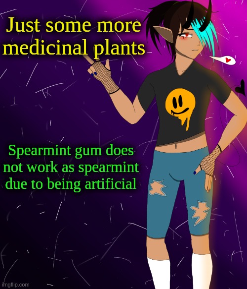 lol300 imitates users and steals their announcement templates 1 | Just some more medicinal plants; Spearmint gum does not work as spearmint due to being artificial | image tagged in spire jus chillin i guess | made w/ Imgflip meme maker