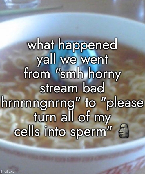 what happened yall we went from "smh horny stream bad hrnrnngnrng" to "please turn all of my cells into sperm" 🗿 | made w/ Imgflip meme maker