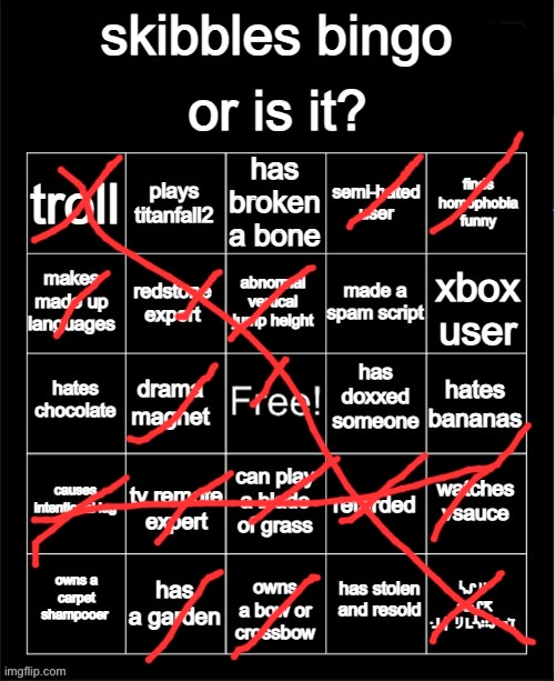 A | image tagged in skibbles kys bingo | made w/ Imgflip meme maker