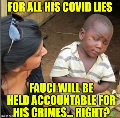 SkepticalKid | FOR ALL HIS COVID LIES FAUCI WILL BE HELD ACCOUNTABLE FOR HIS CRIMES... RIGHT? | image tagged in skepticalkid | made w/ Imgflip meme maker