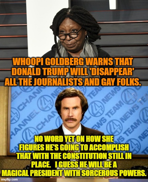 Proof that TDS rots leftist 'brains'. | WHOOPI GOLDBERG WARNS THAT DONALD TRUMP WILL 'DISAPPEAR' ALL THE JOURNALISTS AND GAY FOLKS. NO WORD YET ON HOW SHE FIGURES HE'S GOING TO ACCOMPLISH THAT WITH THE CONSTITUTION STILL IN PLACE.   I GUESS HE WILL BE A MAGICAL PRESIDENT WITH SORCEROUS POWERS. | image tagged in yep | made w/ Imgflip meme maker