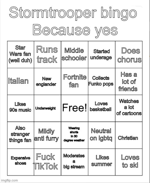 Stormtrooper bingo | image tagged in stormtrooper bingo | made w/ Imgflip meme maker