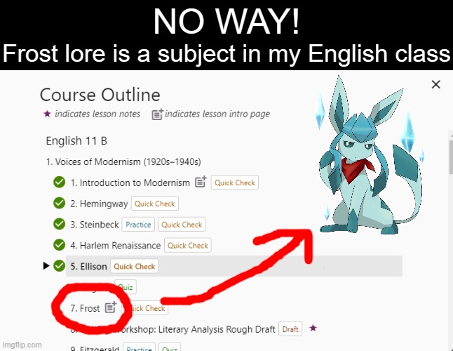 Reading about Frost | Frost lore is a subject in my English class; NO WAY! | image tagged in frost,glaceon,school | made w/ Imgflip meme maker