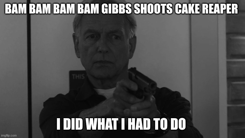 NCIS gibbs | BAM BAM BAM BAM GIBBS SHOOTS CAKE REAPER; I DID WHAT I HAD TO DO | image tagged in ncis gibbs | made w/ Imgflip meme maker