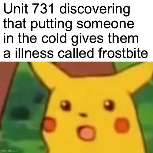 Surprised Pikachu | Unit 731 discovering that putting someone in the cold gives them a illness called frostbite | image tagged in memes,surprised pikachu,meme,history memes,meanwhile in japan,shitpost | made w/ Imgflip meme maker