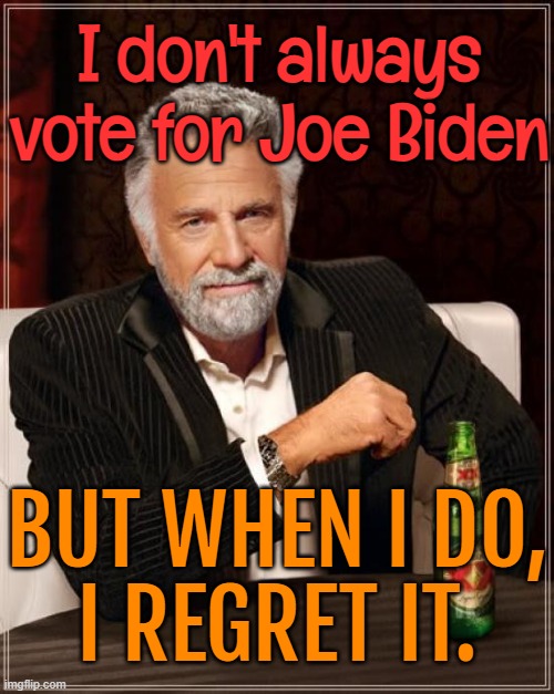 I regret it infinitely | I don't always vote for Joe Biden; BUT WHEN I DO,
I REGRET IT. | image tagged in memes,the most interesting man in the world,donald trump approves,joe biden,creepy joe biden,joe biden worries | made w/ Imgflip meme maker