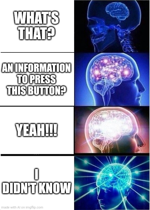 E | WHAT'S THAT? AN INFORMATION TO PRESS THIS BUTTON? YEAH!!! I DIDN'T KNOW | image tagged in memes,expanding brain | made w/ Imgflip meme maker
