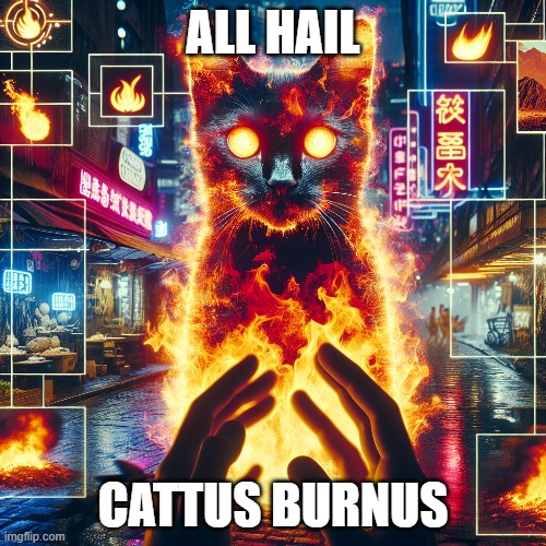 hehe | ALL HAIL; CATTUS BURNUS | image tagged in cat,burning,cyberpunk | made w/ Imgflip meme maker