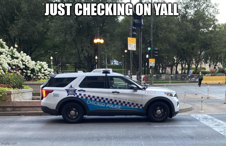 police car | JUST CHECKING ON YALL | image tagged in police car | made w/ Imgflip meme maker