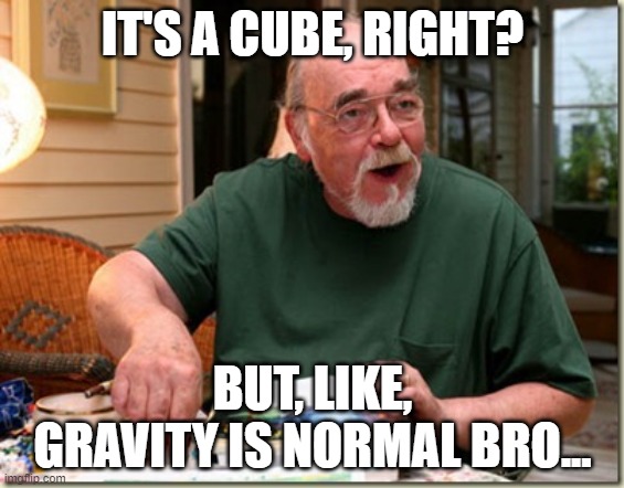 Dungeon Master | IT'S A CUBE, RIGHT? BUT, LIKE, GRAVITY IS NORMAL BRO... | image tagged in dungeon master | made w/ Imgflip meme maker