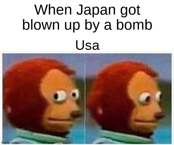 Oops | When Japan got blown up by a bomb; Usa | image tagged in memes,monkey puppet | made w/ Imgflip meme maker