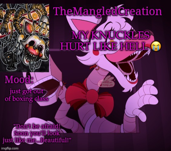 Temp For TheMangledCreation (By Evan) | MY KNUCKLES HURT LIKE HELL 😭; just got out of boxing class | image tagged in temp for themangledcreation by evan | made w/ Imgflip meme maker