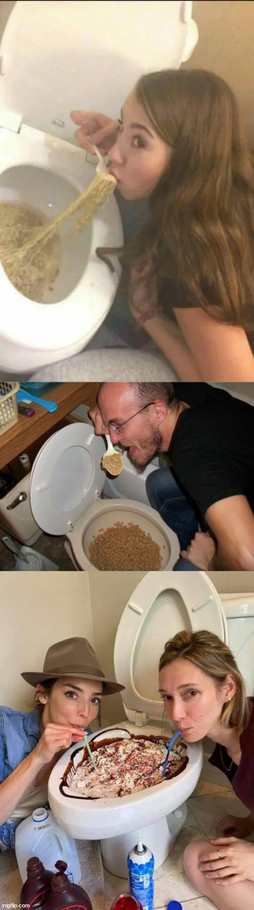 image tagged in girl eating noodles out of a toilet,eating from toilet man,milkshake toilet | made w/ Imgflip meme maker