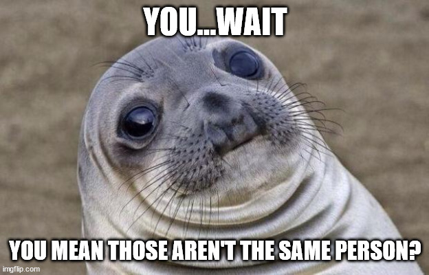 Awkward Moment Sealion Meme | YOU...WAIT YOU MEAN THOSE AREN'T THE SAME PERSON? | image tagged in memes,awkward moment sealion | made w/ Imgflip meme maker