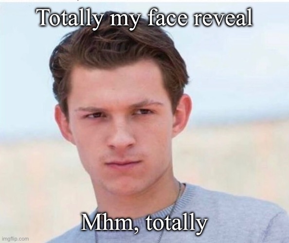 Tom Holland glare | Totally my face reveal; Mhm, totally | image tagged in tom holland glare | made w/ Imgflip meme maker