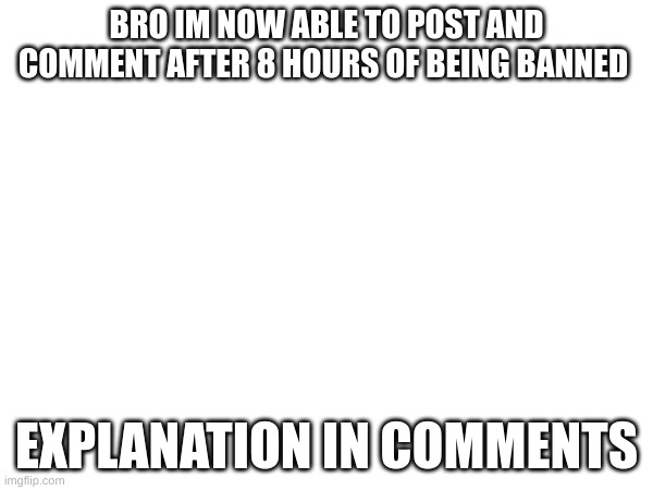 I now can post and comment !!! | BRO IM NOW ABLE TO POST AND COMMENT AFTER 8 HOURS OF BEING BANNED; EXPLANATION IN COMMENTS | image tagged in memes,imgflip,meme,mrmrt | made w/ Imgflip meme maker