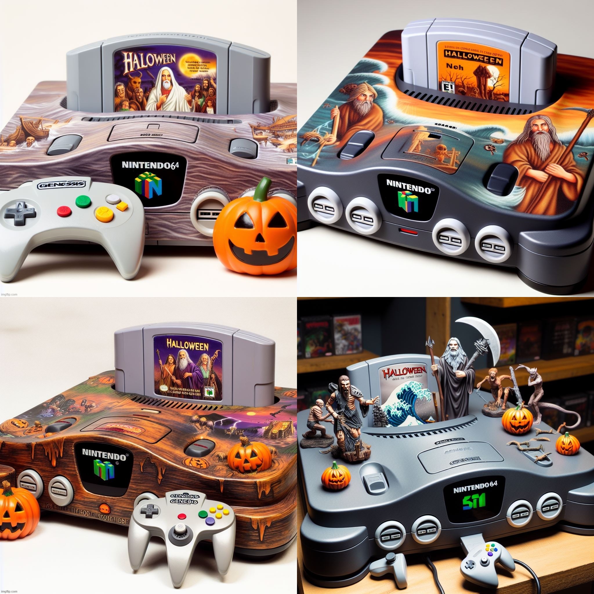 Ai Bing: Nintendo 64/Sega Genesis fusion themed around Halloween and Noah's Ark. (Genesis 6:4 about Nephilim Giants. Also Enoch) | image tagged in ai generated,halloween,noah's ark,genesis,nintendo 64,flood | made w/ Imgflip meme maker