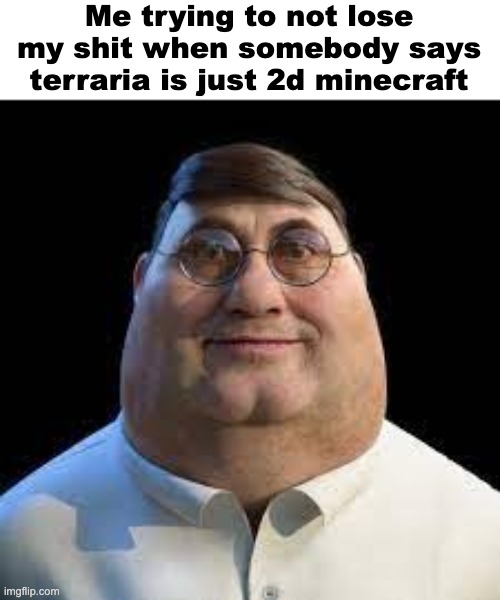 Staring Peter | Me trying to not lose my shit when somebody says terraria is just 2d minecraft | image tagged in staring peter | made w/ Imgflip meme maker