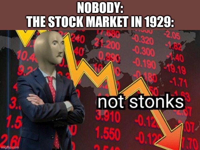 The Great Stock Market Crash of 1929 | NOBODY:
THE STOCK MARKET IN 1929: | image tagged in not stonks | made w/ Imgflip meme maker