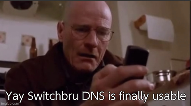 I still can't view gifs, but hey, it's much faster now all of a sudden | Yay Switchbru DNS is finally usable | image tagged in walter white sad | made w/ Imgflip meme maker