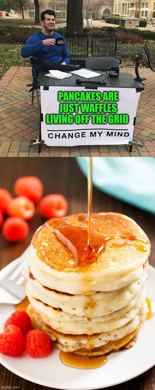 PANCAKES ARE JUST WAFFLES LIVING OFF THE GRID | image tagged in change my mind,pancakes | made w/ Imgflip meme maker