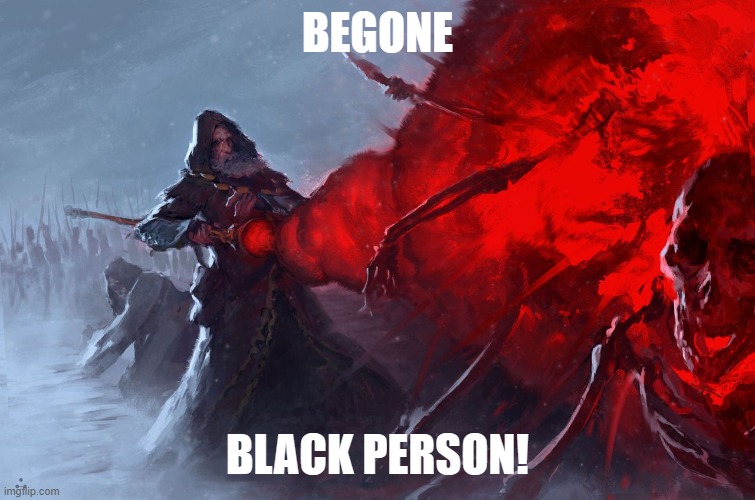 wizard vs skeletons | BEGONE BLACK PERSON! | image tagged in wizard vs skeletons | made w/ Imgflip meme maker