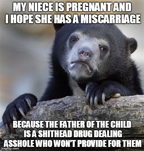 Confession Bear | MY NIECE IS PREGNANT AND I HOPE SHE HAS A MISCARRIAGE BECAUSE THE FATHER OF THE CHILD IS A SHITHEAD DRUG DEALING ASSHOLE WHO WON'T PROVIDE F | image tagged in memes,confession bear | made w/ Imgflip meme maker