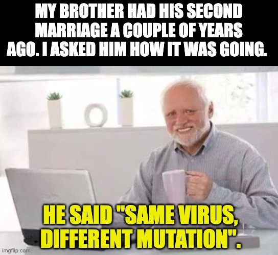 Virus | MY BROTHER HAD HIS SECOND MARRIAGE A COUPLE OF YEARS AGO. I ASKED HIM HOW IT WAS GOING. HE SAID "SAME VIRUS, DIFFERENT MUTATION". | image tagged in harold | made w/ Imgflip meme maker