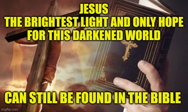 Jesus Cross Bible | JESUS
THE BRIGHTEST LIGHT AND ONLY HOPE FOR THIS DARKENED WORLD; CAN STILL BE FOUND IN THE BIBLE | image tagged in jesus cross bible | made w/ Imgflip meme maker