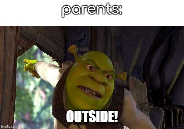 Shrek 'outside' | parents: OUTSIDE! | image tagged in shrek 'outside' | made w/ Imgflip meme maker