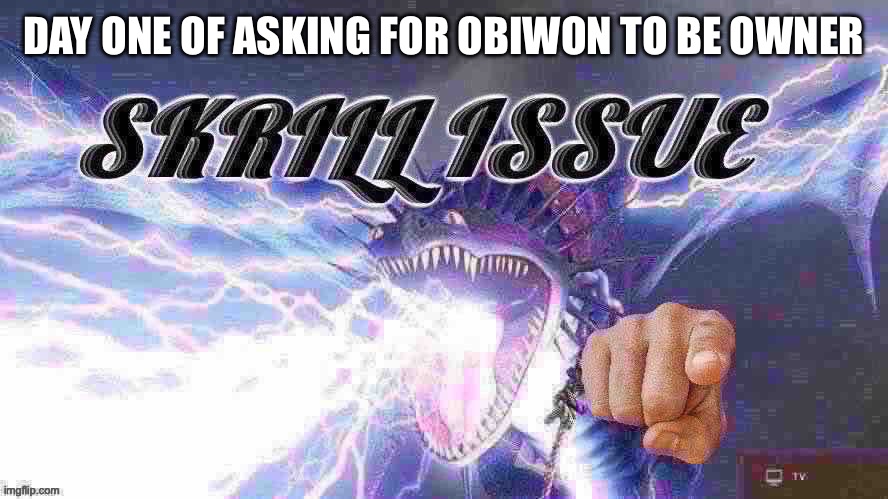 skrill issue | DAY ONE OF ASKING FOR OBIWON TO BE OWNER | image tagged in skrill issue | made w/ Imgflip meme maker