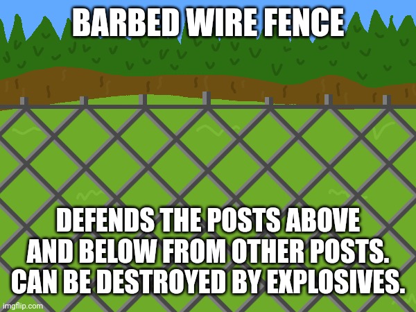 This includes speech bubbles. If they're in it, you can't do anything about them. | BARBED WIRE FENCE; DEFENDS THE POSTS ABOVE AND BELOW FROM OTHER POSTS.
CAN BE DESTROYED BY EXPLOSIVES. | made w/ Imgflip meme maker