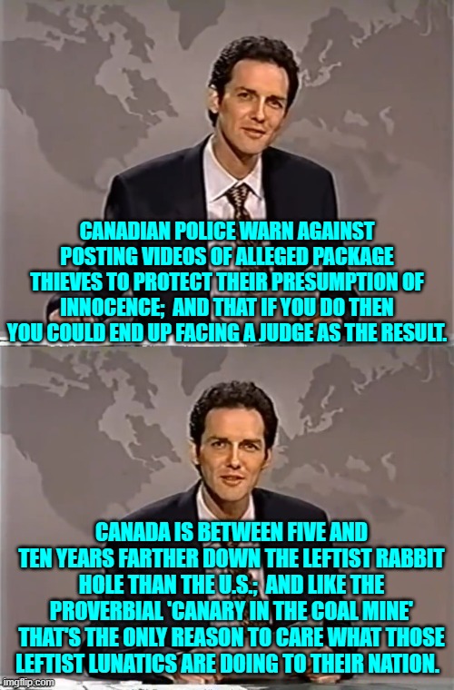 All British-linked commonwealth nations are providing the U.S. excellent bad examples of governance. | CANADIAN POLICE WARN AGAINST POSTING VIDEOS OF ALLEGED PACKAGE THIEVES TO PROTECT THEIR PRESUMPTION OF INNOCENCE;  AND THAT IF YOU DO THEN YOU COULD END UP FACING A JUDGE AS THE RESULT. CANADA IS BETWEEN FIVE AND TEN YEARS FARTHER DOWN THE LEFTIST RABBIT HOLE THAN THE U.S.;  AND LIKE THE PROVERBIAL 'CANARY IN THE COAL MINE' THAT'S THE ONLY REASON TO CARE WHAT THOSE LEFTIST LUNATICS ARE DOING TO THEIR NATION. | image tagged in weekend update with norm | made w/ Imgflip meme maker