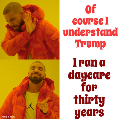 Donald Is No Different Than Every Other Unloved Silver Spooned Spoiled Rotten Brat That's Ever Existed | Of course I understand Trump; I ran a
daycare
for
thirty
years | image tagged in memes,drake hotline bling,spoiled brat,scumbag trump,lock him up,unconscionable donald | made w/ Imgflip meme maker