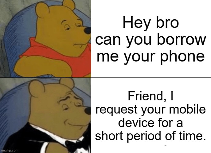 Image Title | Hey bro can you borrow me your phone; Friend, I request your mobile device for a short period of time. | image tagged in memes,tuxedo winnie the pooh | made w/ Imgflip meme maker