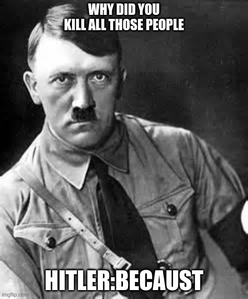 hehaha | WHY DID YOU KILL ALL THOSE PEOPLE; HITLER:BECAUST | image tagged in adolf hitler | made w/ Imgflip meme maker
