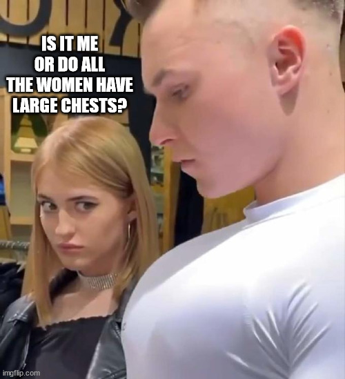 Girl Looking At Guys Chest | IS IT ME OR DO ALL THE WOMEN HAVE LARGE CHESTS? | image tagged in girl looking at guys chest | made w/ Imgflip meme maker