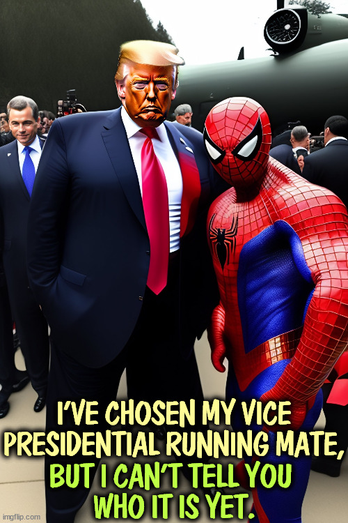 I'VE CHOSEN MY VICE PRESIDENTIAL RUNNING MATE, BUT I CAN'T TELL YOU 
WHO IT IS YET. | image tagged in trump,vice president,spiderman | made w/ Imgflip meme maker