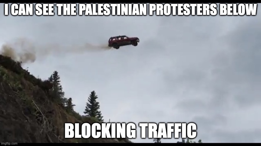 We Need Flying Cars | I CAN SEE THE PALESTINIAN PROTESTERS BELOW; BLOCKING TRAFFIC | image tagged in flying car | made w/ Imgflip meme maker