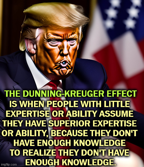 Got that?...If not, say it out loud slowly. | THE DUNNING-KREUGER EFFECT; IS WHEN PEOPLE WITH LITTLE 

EXPERTISE OR ABILITY ASSUME 
THEY HAVE SUPERIOR EXPERTISE 
OR ABILITY, BECAUSE THEY DON'T 
HAVE ENOUGH KNOWLEDGE 
TO REALIZE THEY DON'T HAVE 
ENOUGH KNOWLEDGE. | image tagged in dunning kreuger effect,expertise,ability,knowledge,trump,idiot | made w/ Imgflip meme maker