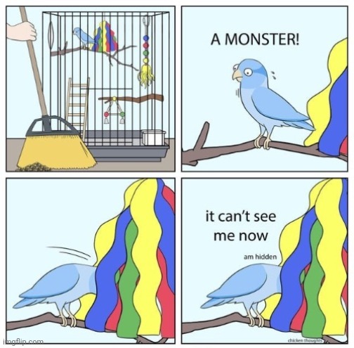 Oh, the MONSTER | image tagged in chicken thoughts,bird,mop,monster,comics,comics/cartoons | made w/ Imgflip meme maker