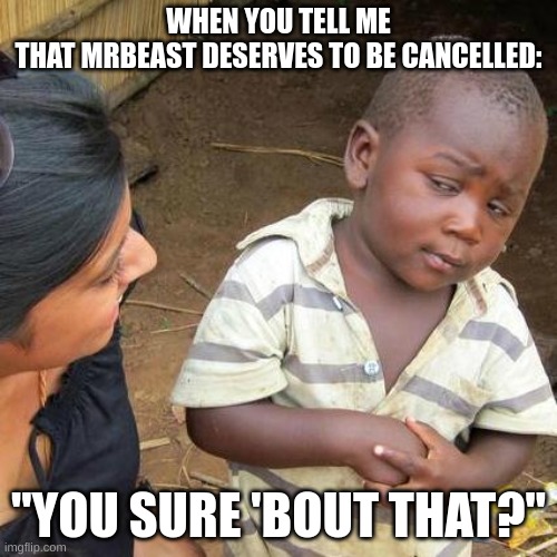 MrBest | WHEN YOU TELL ME
THAT MRBEAST DESERVES TO BE CANCELLED:; "YOU SURE 'BOUT THAT?" | image tagged in memes,third world skeptical kid,mrbest,mrbeast,mrbean,funny | made w/ Imgflip meme maker