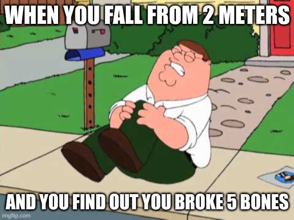 peter hurting his knee | WHEN YOU FALL FROM 2 METERS; AND YOU FIND OUT YOU BROKE 5 BONES | image tagged in peter hurting his knee | made w/ Imgflip meme maker