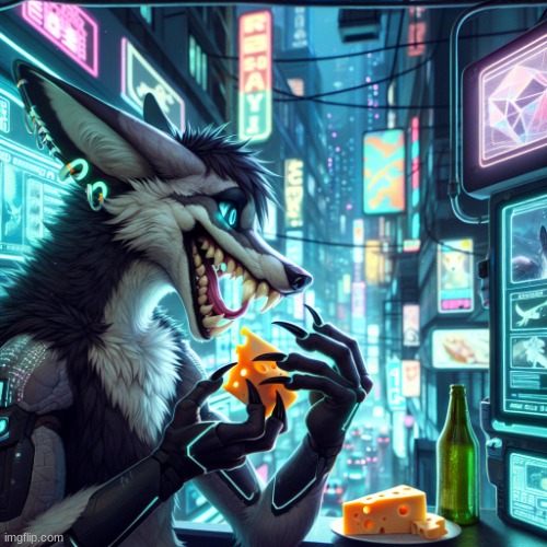 (Magma Note: AI generated) | image tagged in sergal eating a wedge of cheese | made w/ Imgflip meme maker