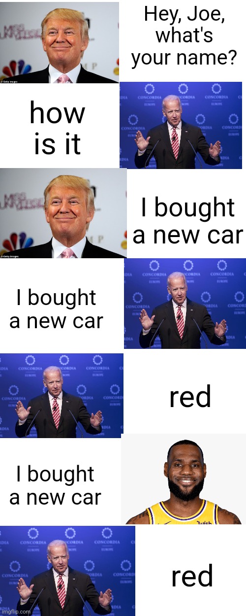 Hey, Joe, what's your name? how is it; I bought a new car; I bought a new car; red; I bought a new car; red | made w/ Imgflip meme maker